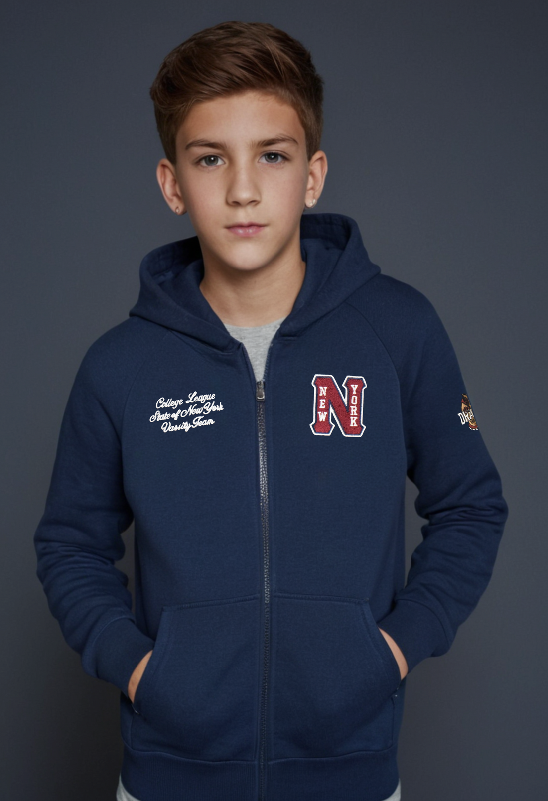 OVS Full-zip with hood and "New York" Bouclé Patch